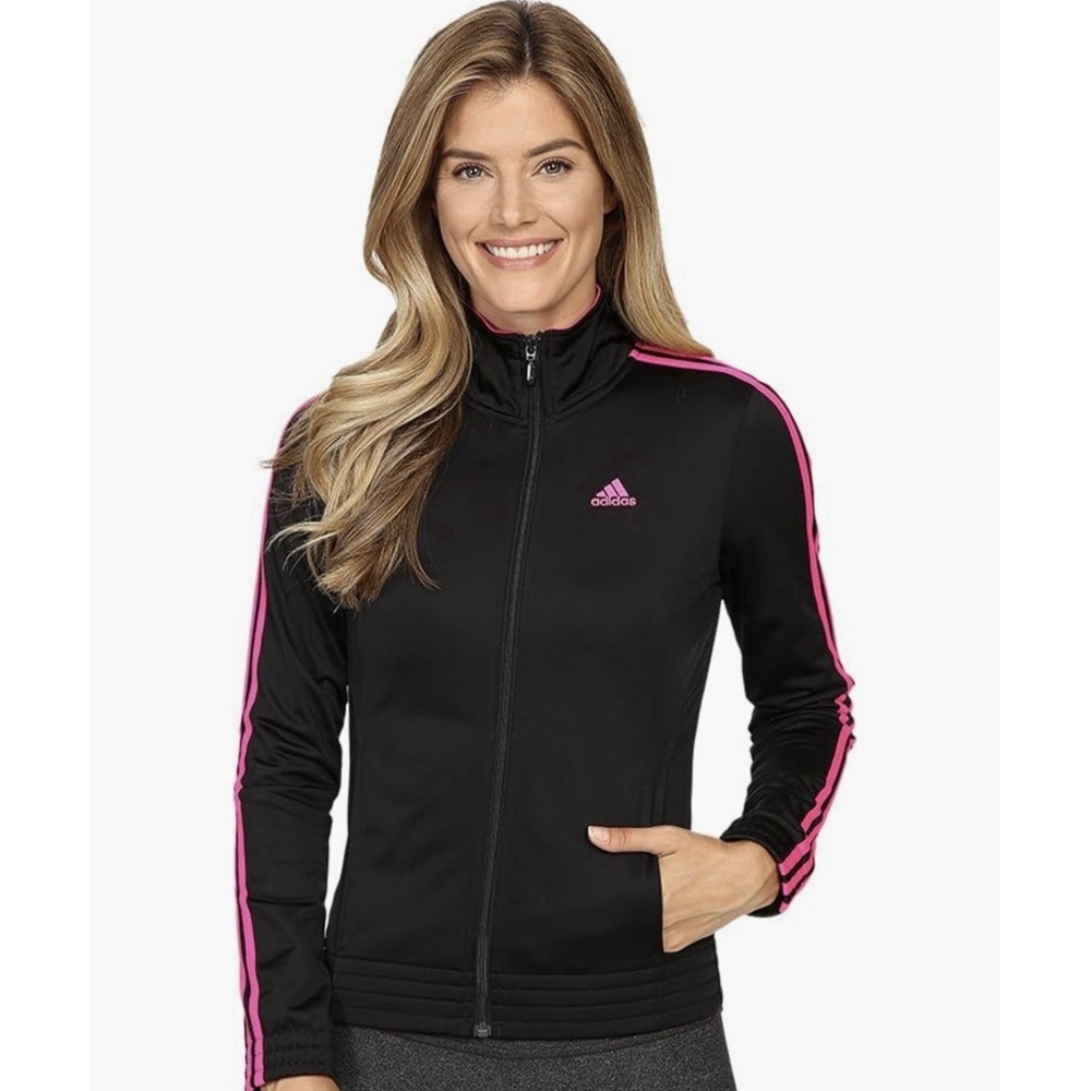 Adidas Athletic Track Jacket Women's Size XL Black Pink Stripes Full Zip Pockets